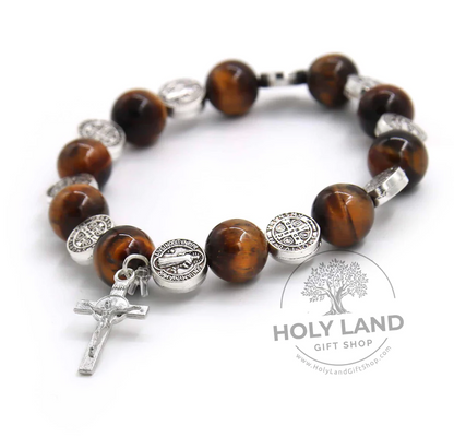 Pulsera Rosario De Piedra Bíblica Natural Ojo De Tigre De Calcedonia